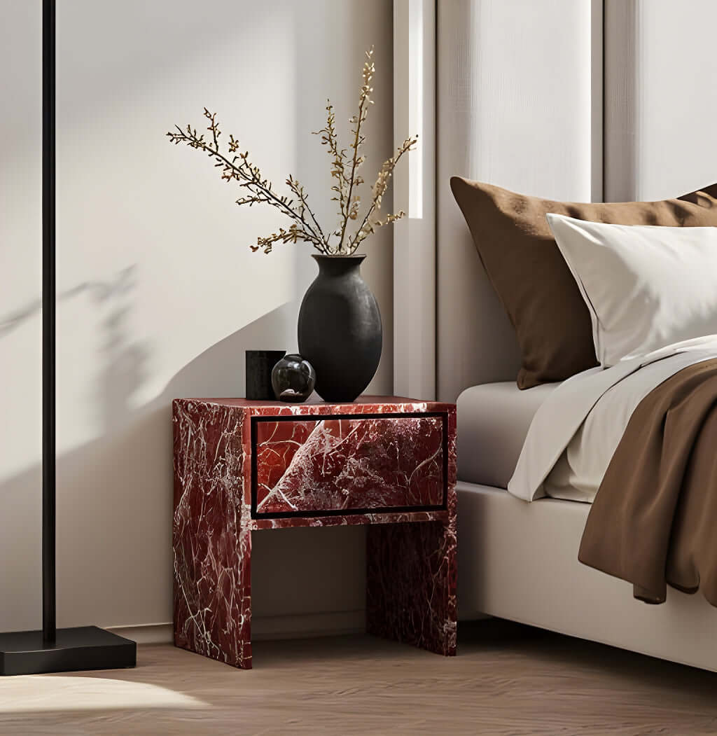 Red Marble Side Table in Bedroom