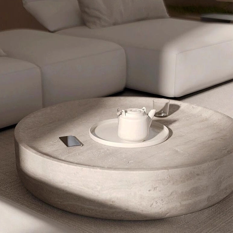 Round Travertine Table in Living Room with Sunshine
