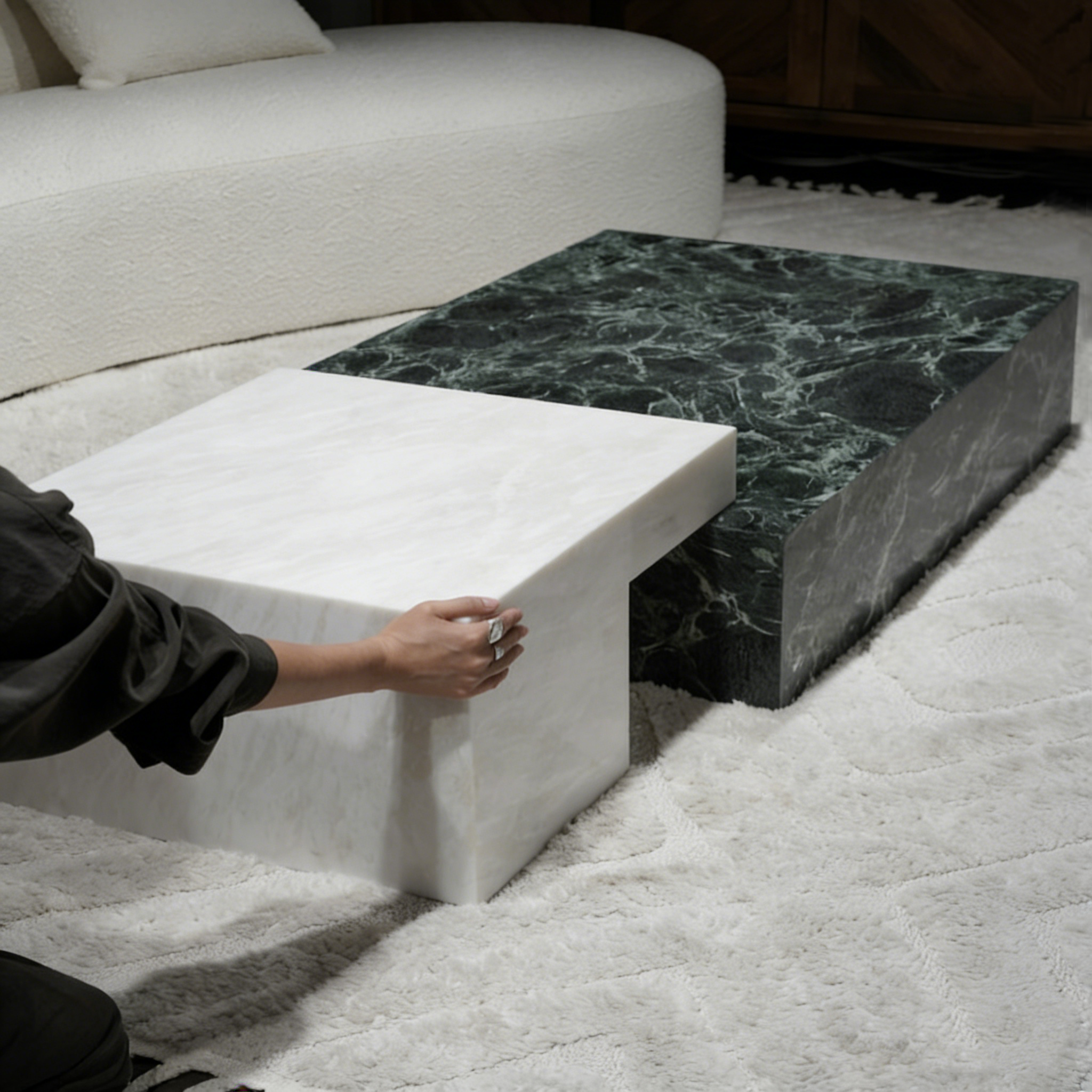 Green marble coffee table styled in living room - Kozy Nest Australia