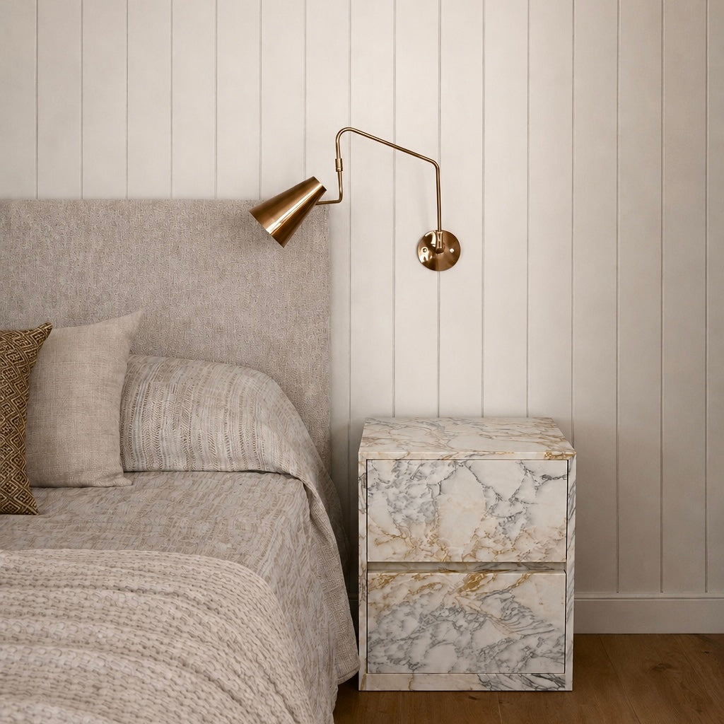 Vagli marble bedside table with double drawers - luxury marble bedroom furniture - Kozy Nest Australia