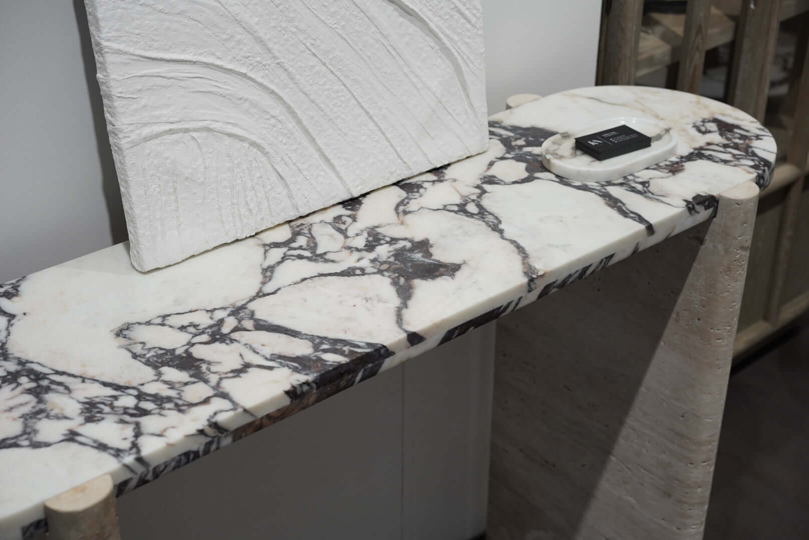 Close up of Travertine and Marble Console Table