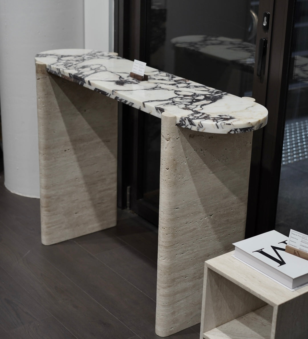 View of Travertine and Marble Console Table